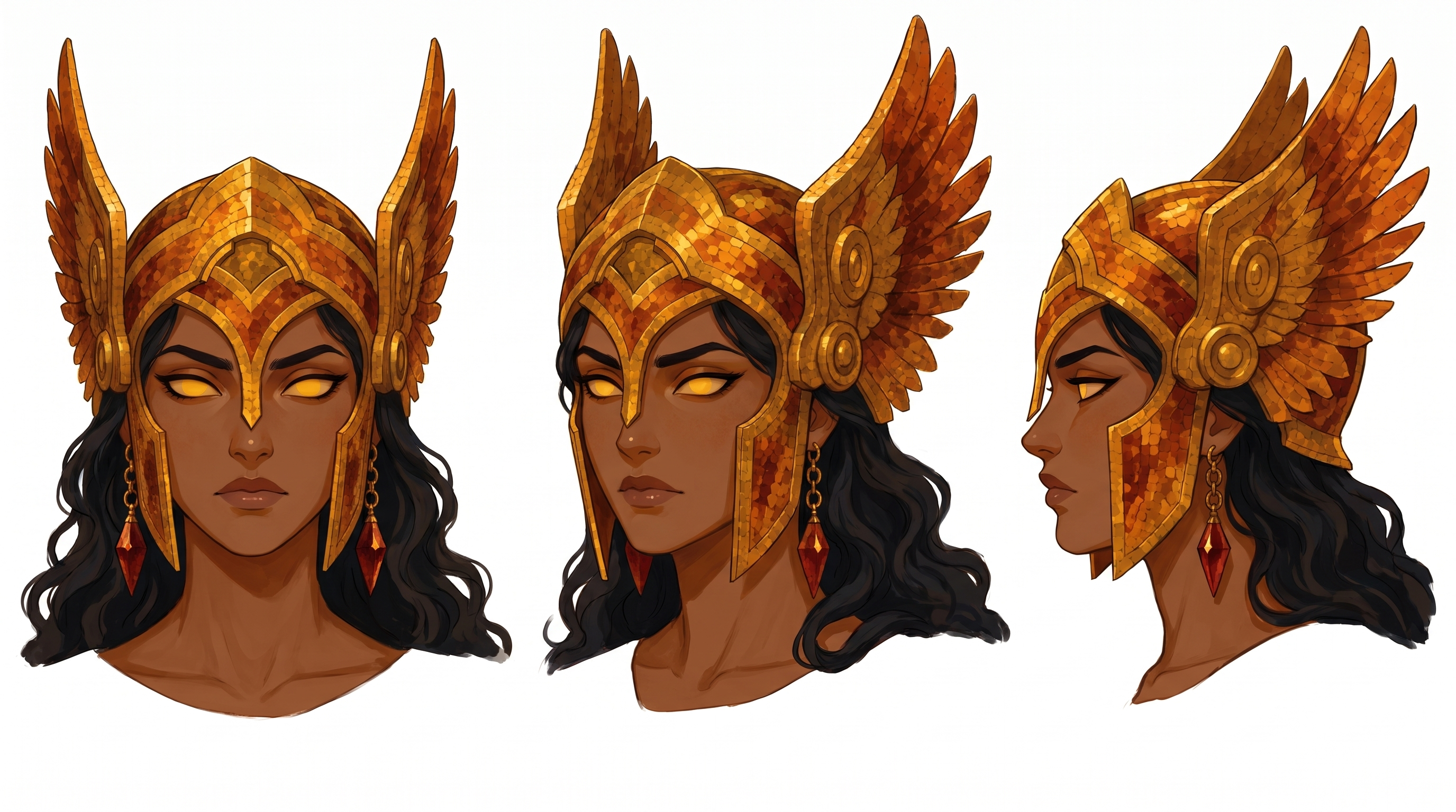 Athena headshots, front, angled and side views