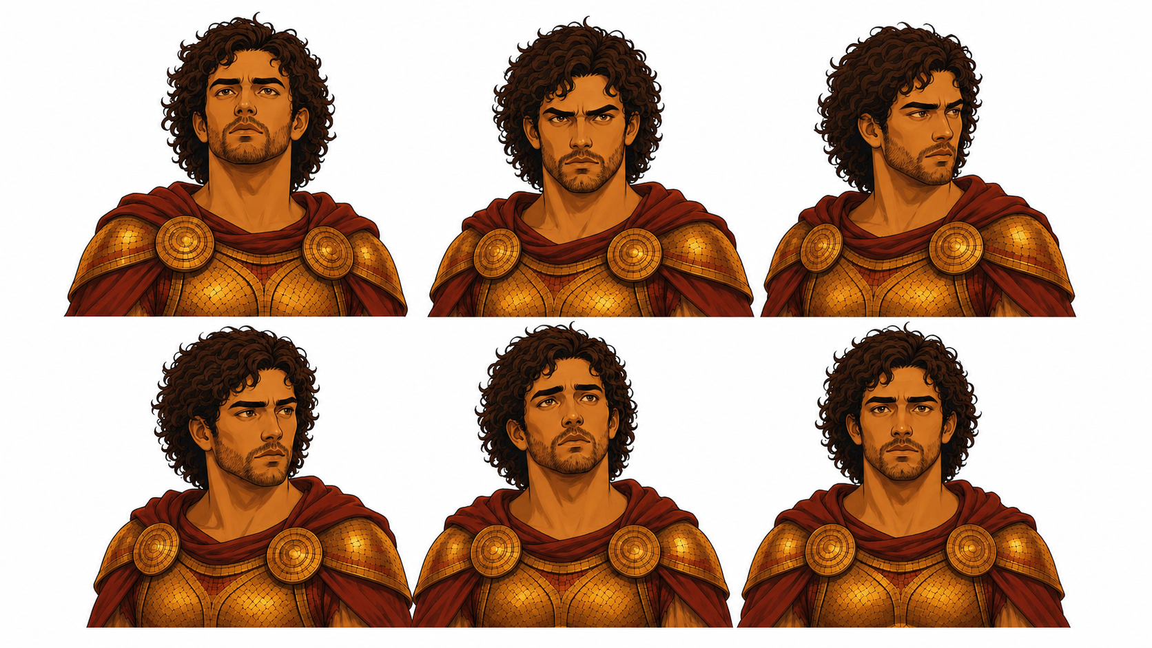 Odysseus headshots, six expressions