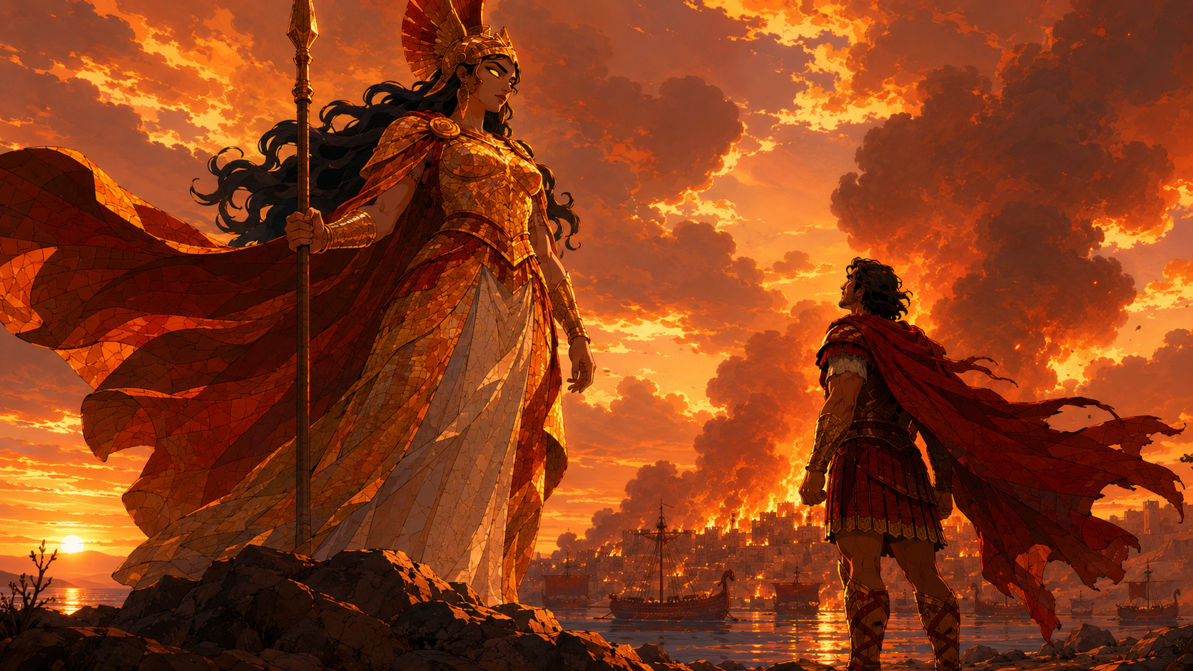 Athena and Odysseus — Troy burning in the background