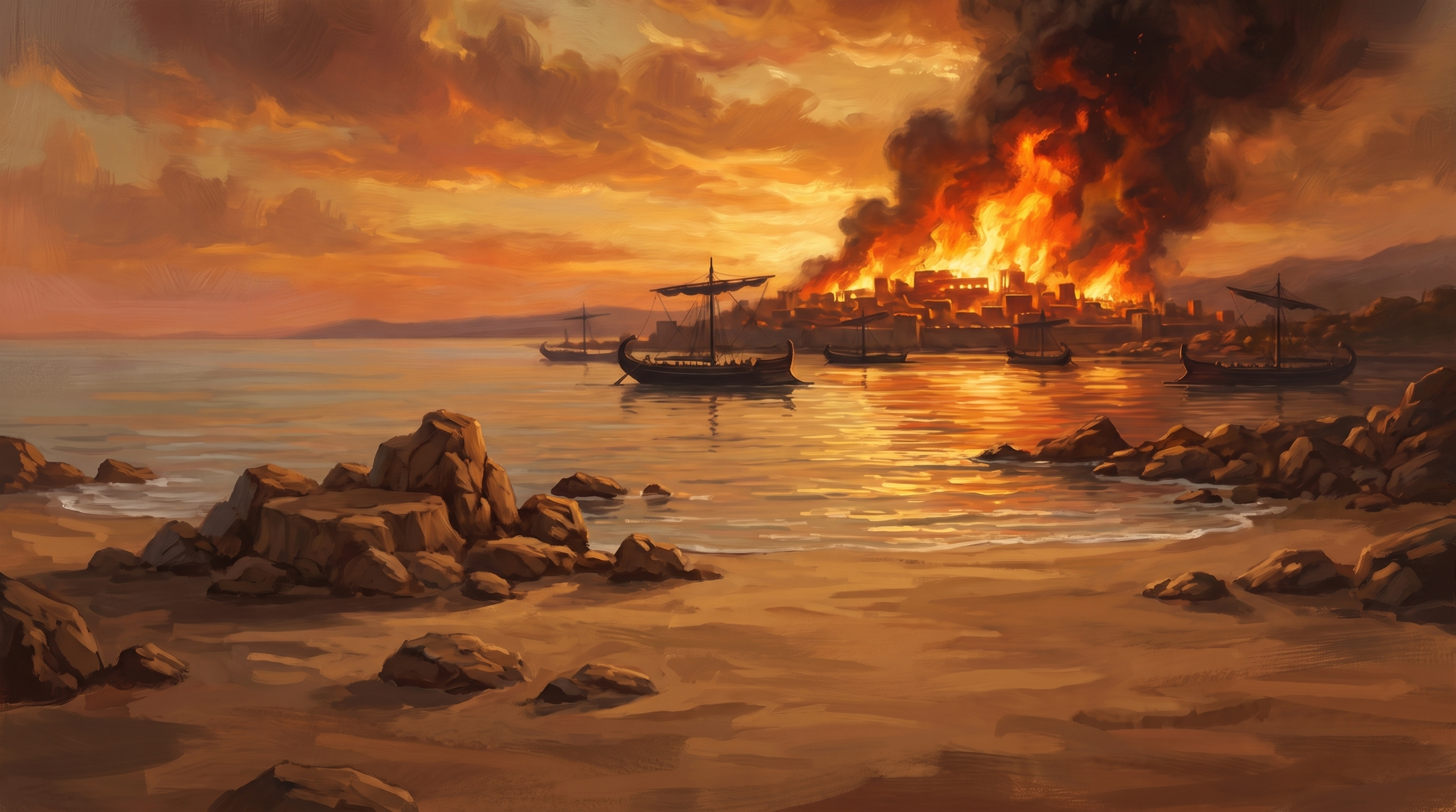 Burning Troy, environment concept, Greek ships in harbour, amber sky