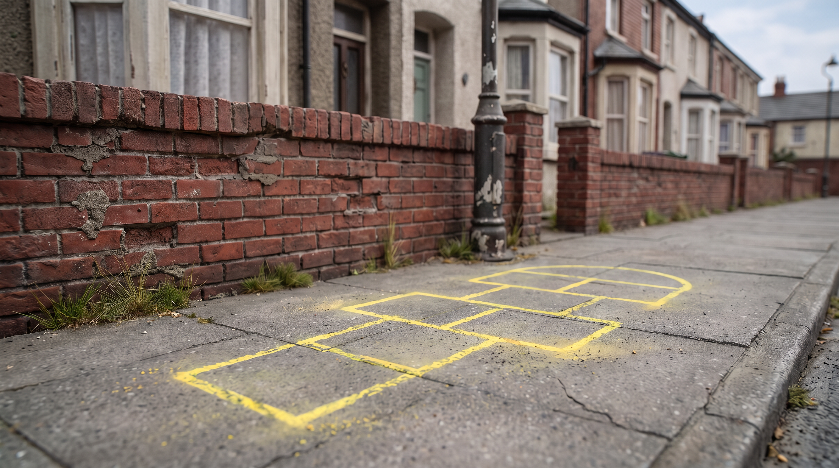 The street, pale grey pavement, weathered red brick wall, yellow chalk hopscotch grid