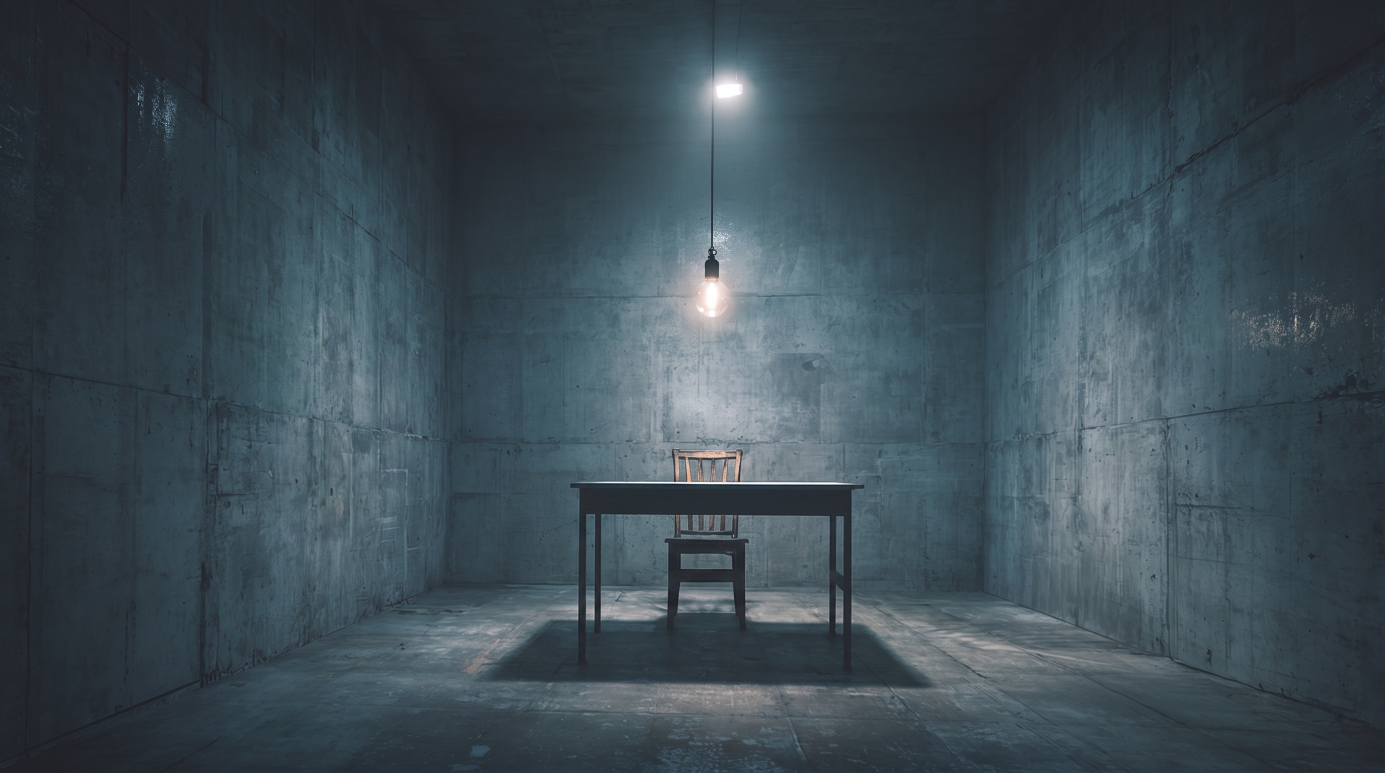 Interrogation room, cold concrete and single bulb